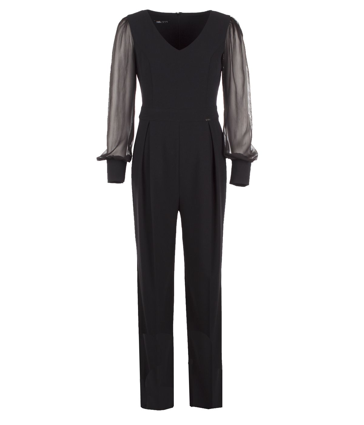 V-necked jumpsuit with sheer chiffon sleeves 0